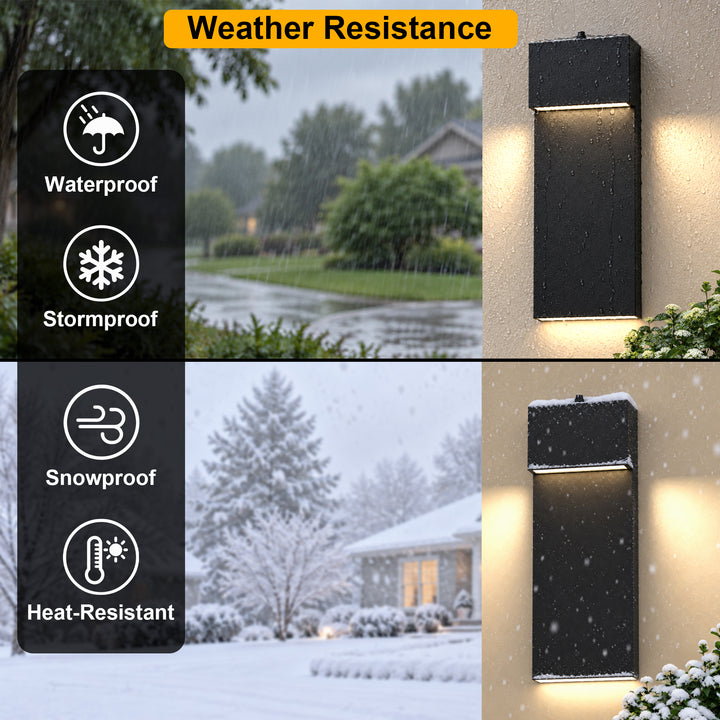15.1" Modern LED Outdoor Wall Sconce, Dimmable 3000K, Dusk-to-Dawn Sensor, Travertine Stone &amp; Frosted Glass 