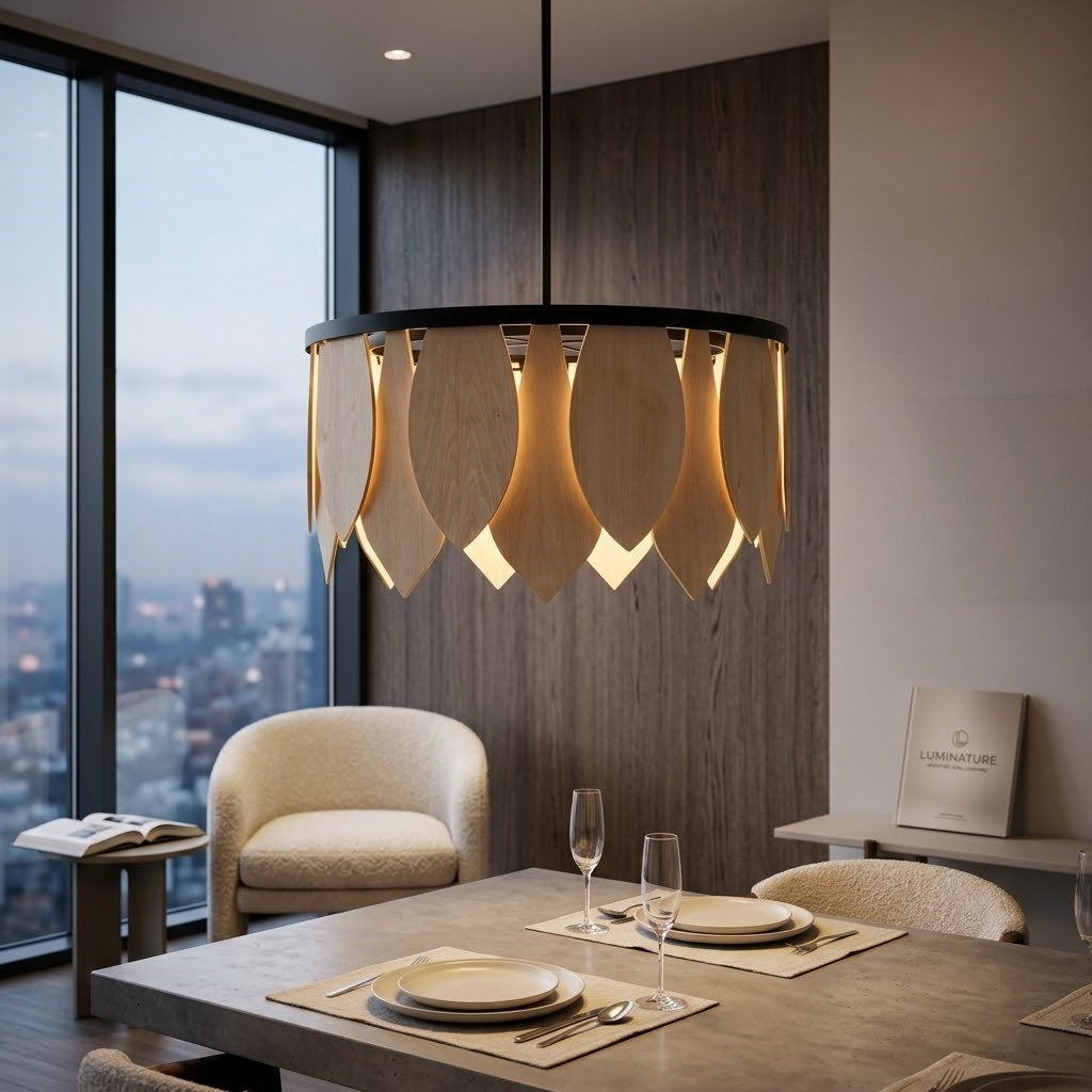 28" Wide Natural Wood Drum Chandelier with Matte Black Finish for Dining Room & Bedroom #53009