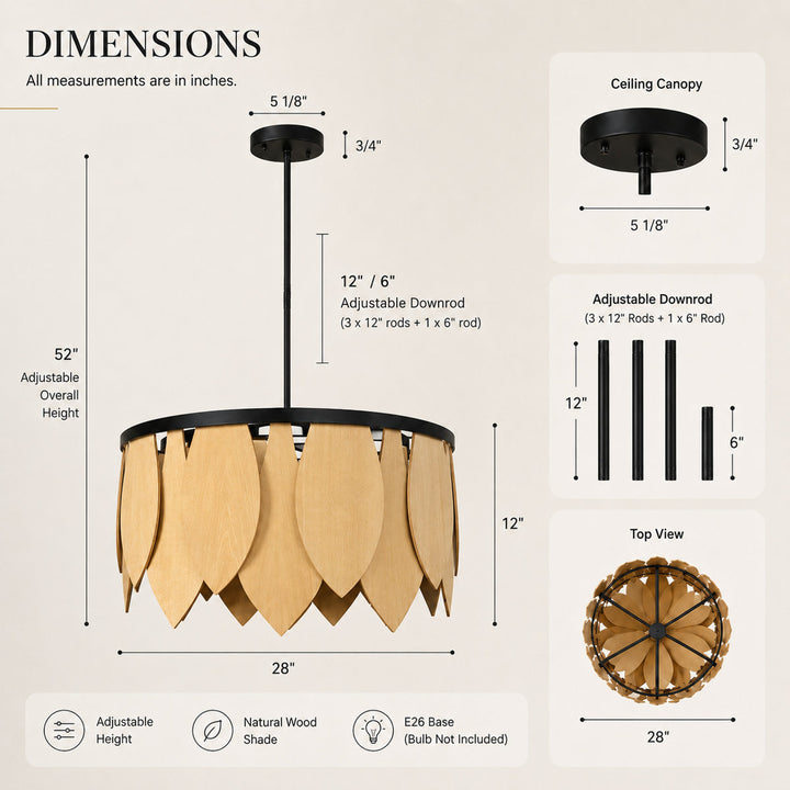 28" Wide Natural Wood Drum Chandelier with Matte Black Finish for Dining Room & Bedroom #53009