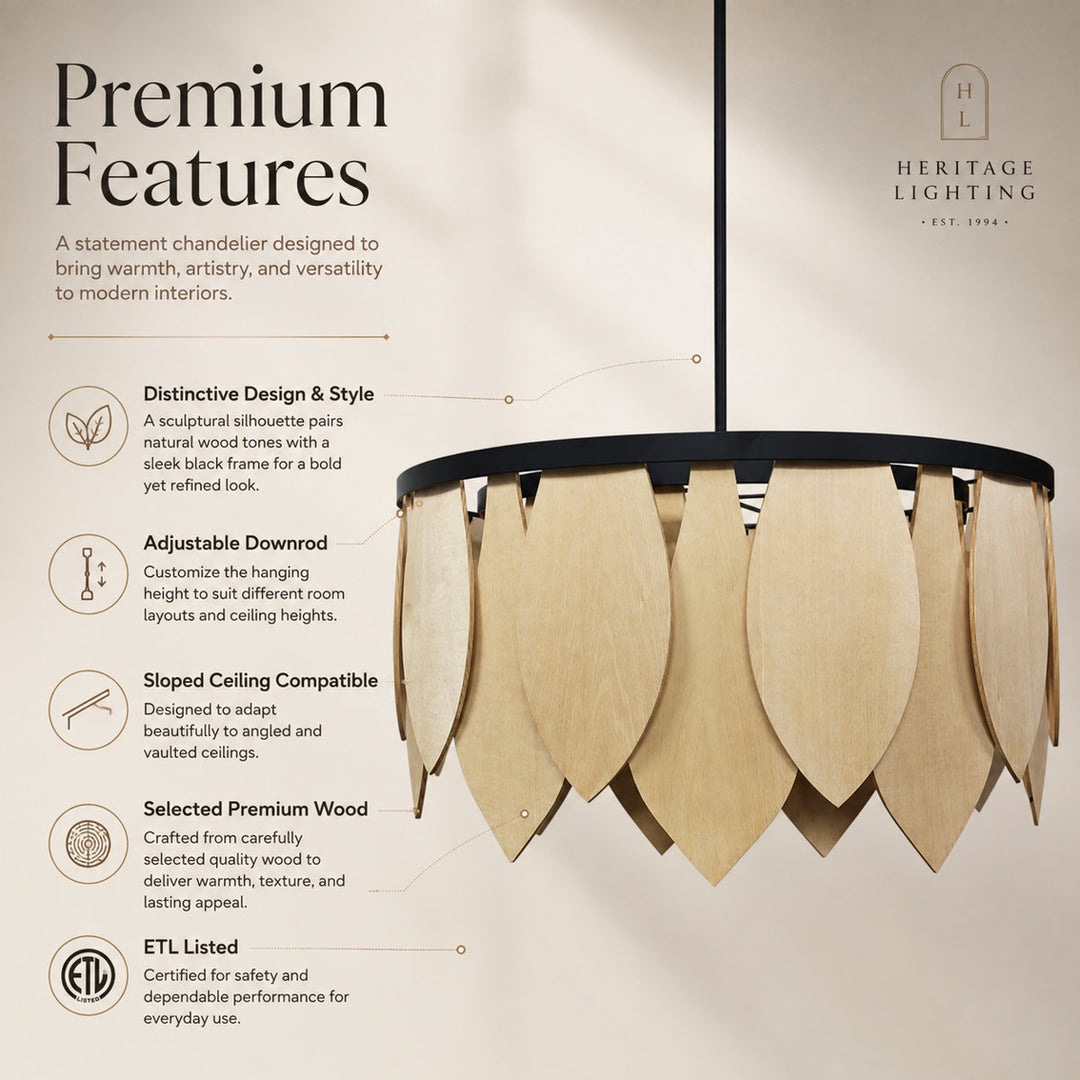 28" Wide Natural Wood Drum Chandelier with Matte Black Finish for Dining Room & Bedroom #53009