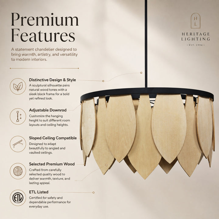 28" Wide Natural Wood Drum Chandelier with Matte Black Finish for Dining Room & Bedroom #53009