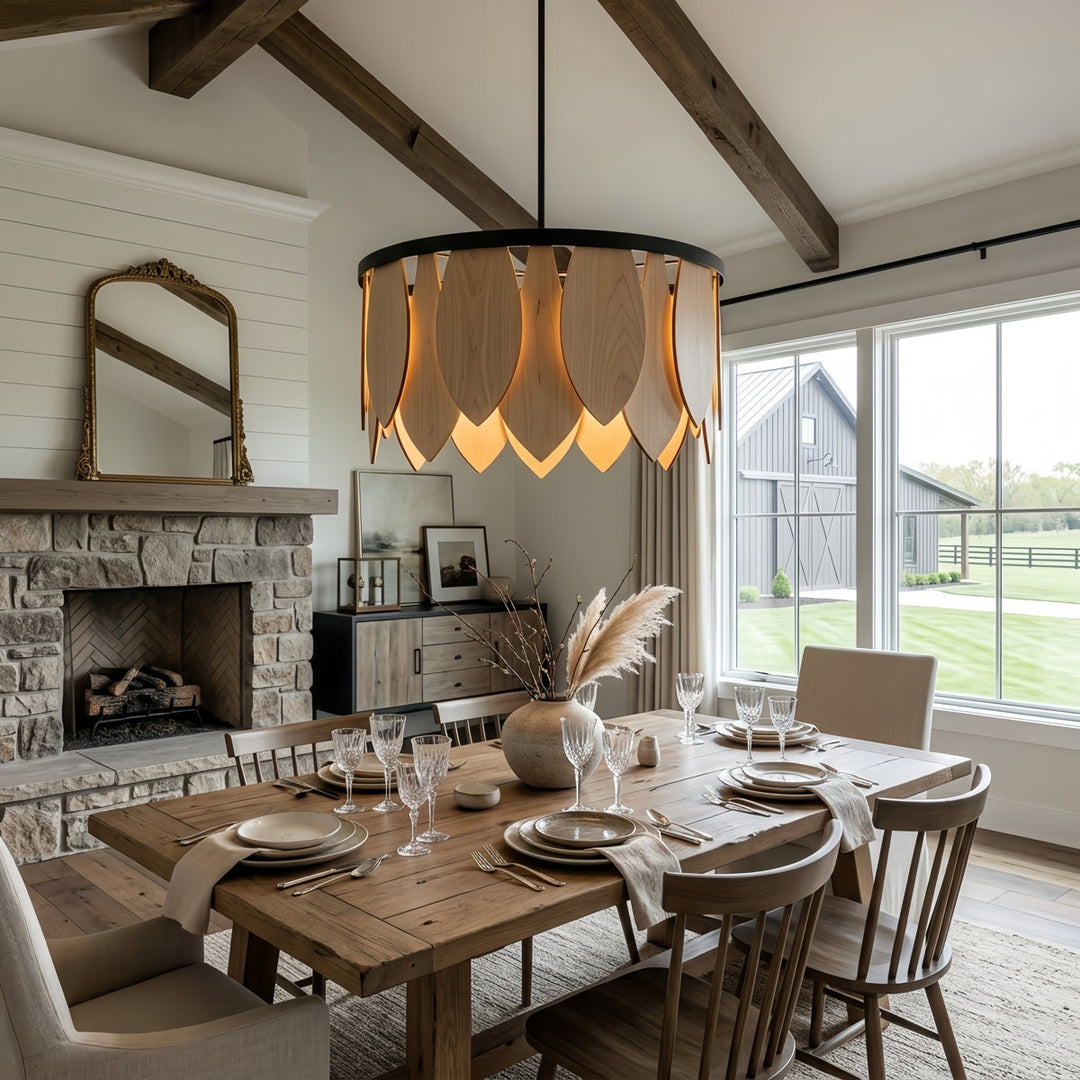 28" Wide Natural Wood Drum Chandelier with Matte Black Finish for Dining Room & Bedroom #53009
