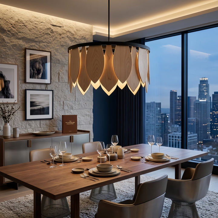 28" Wide Natural Wood Drum Chandelier with Matte Black Finish for Dining Room & Bedroom #53009