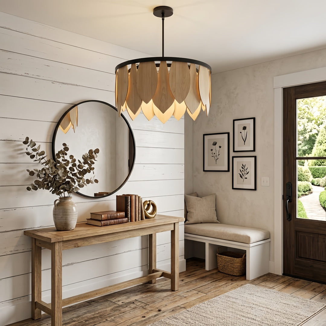 28" Wide Natural Wood Drum Chandelier with Matte Black Finish for Dining Room & Bedroom #53009