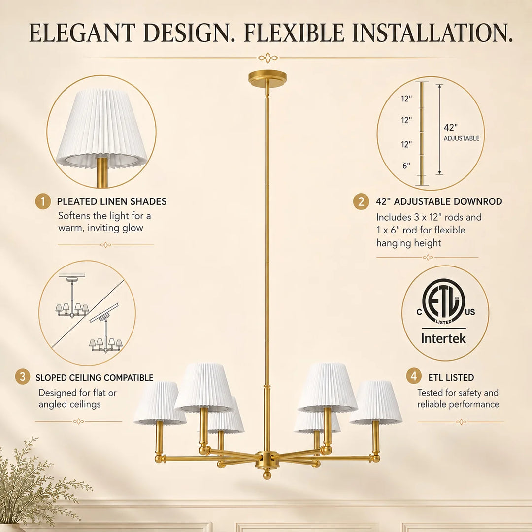 Glow 6-Light 36"W Modern Spider Chandelier with Linen Shade for Dining Room #39008