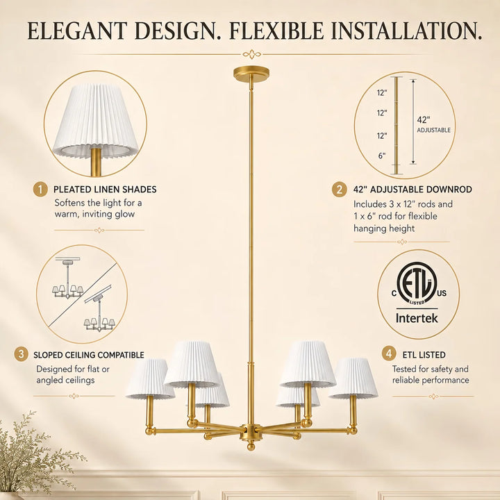 Glow 6-Light 36"W Modern Spider Chandelier with Linen Shade for Dining Room #39008