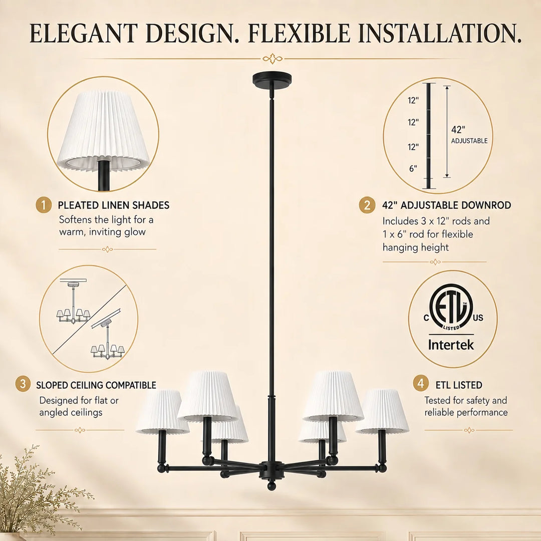 Glow 6-Light 36"W Modern Spider Chandelier with Linen Shade for Dining Room #39008