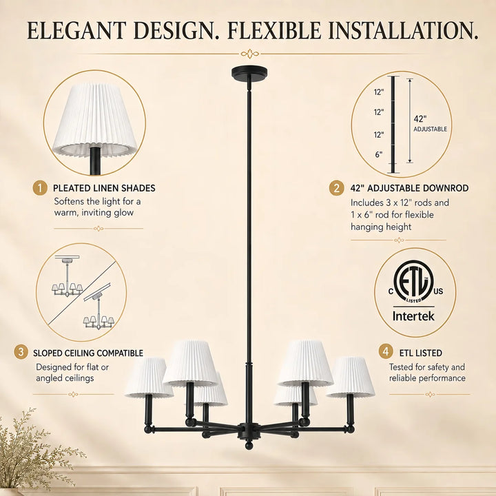 Glow 6-Light 36"W Modern Spider Chandelier with Linen Shade for Dining Room #39008