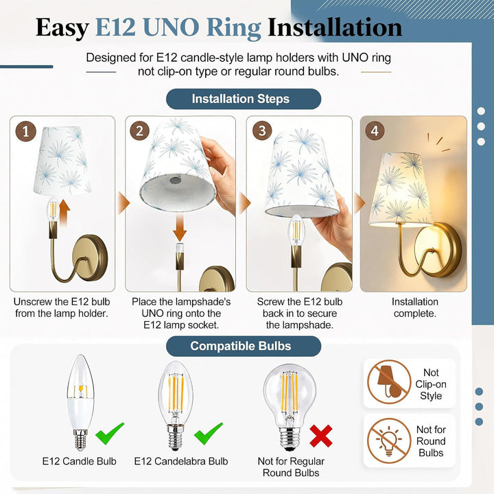 6.5" Floral Fabric Empire Lamp Shades with E12 UNO Ring, Set of 6 #LS01