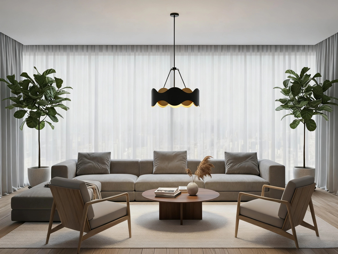 Glimmer 6-Light 24"W Black/Gold Modern Drum Chandelier With Iron Shade For Bedroom Or Living Room #MX21056