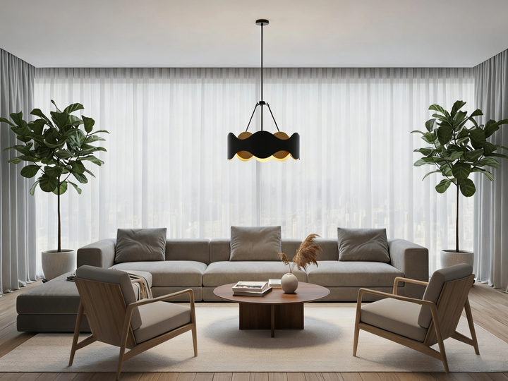 Glimmer 6-Light 24"W Black/Gold Modern Drum Chandelier With Iron Shade For Bedroom Or Living Room #MX21056