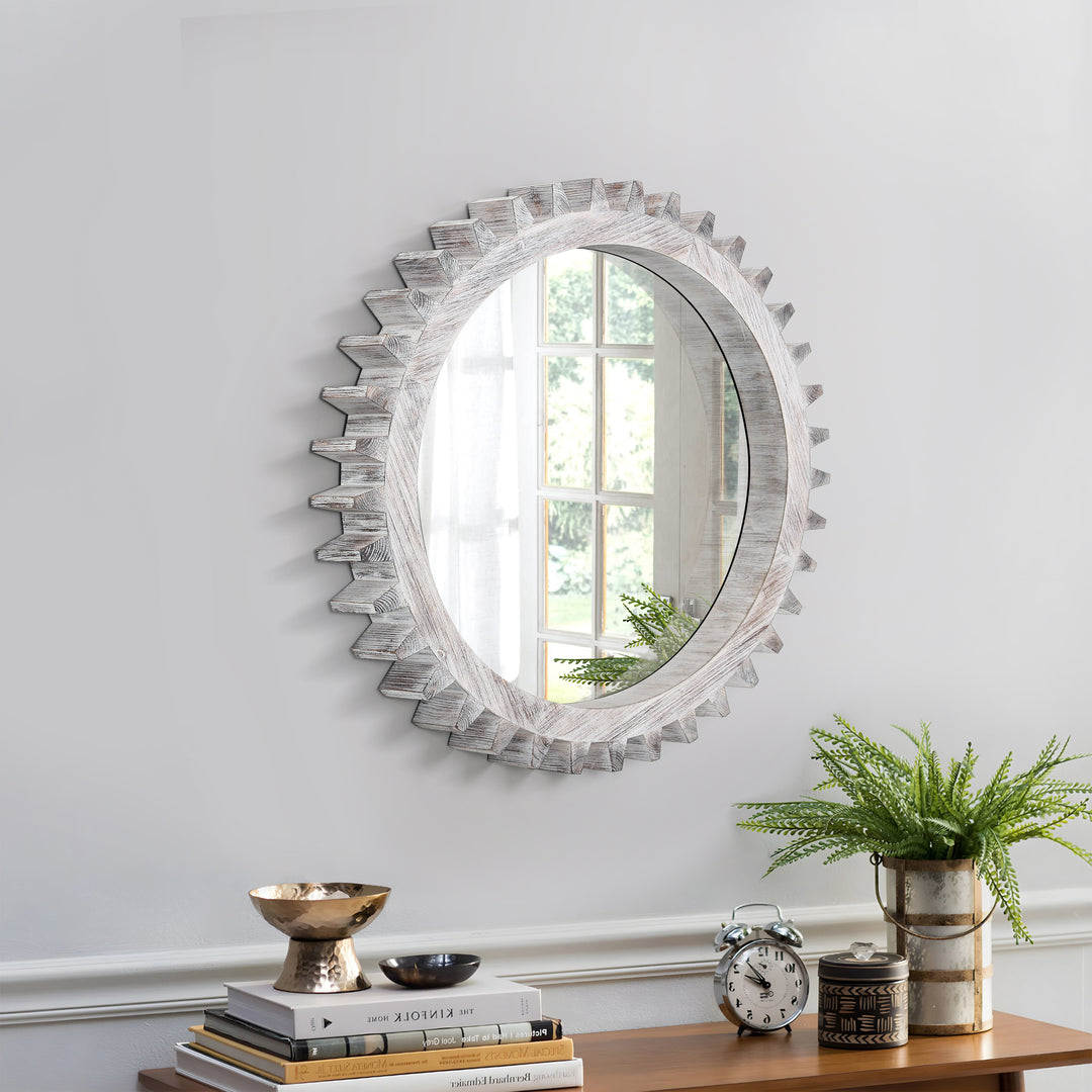 Wood Round Gear-Shaped Hanging Decorative Wall Mirror