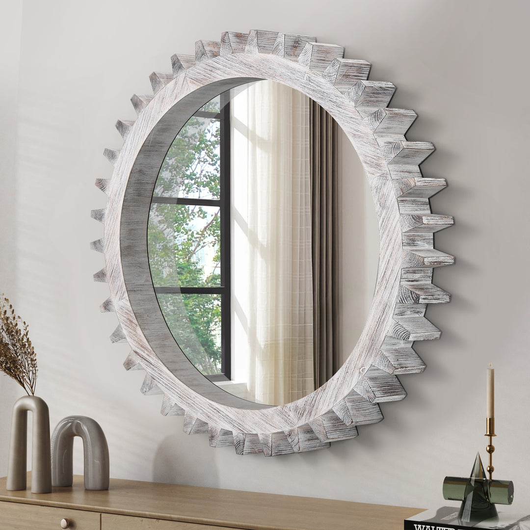 Wood Round Gear-Shaped Hanging Decorative Wall Mirror