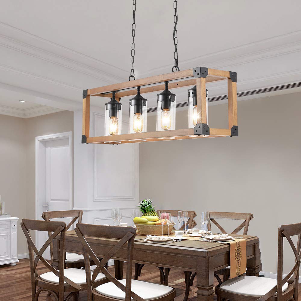 Maxax 4-light Wood Pendant Kitchen Island Rectangle Chandelier #MX19045-4-P