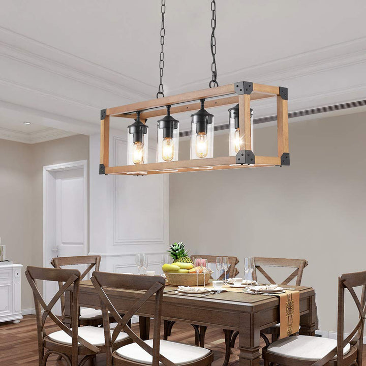 Maxax 4-light Wood Pendant Kitchen Island Rectangle Chandelier #MX19045