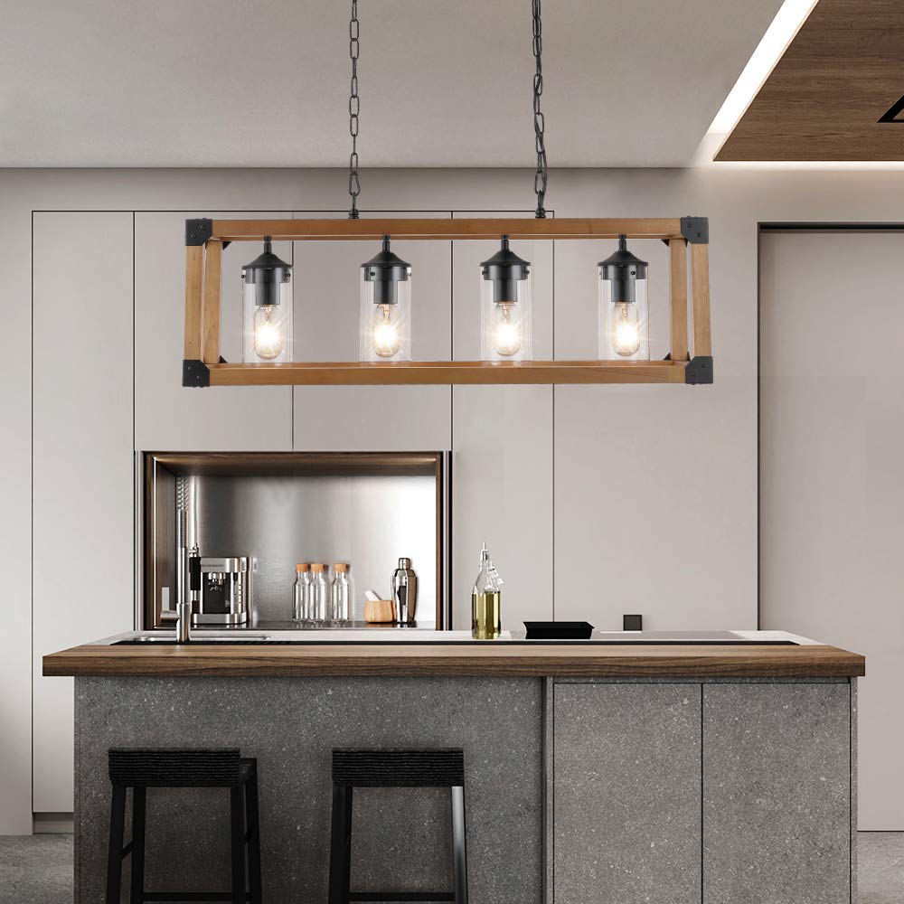 Maxax 4-light Wood Pendant Kitchen Island Rectangle Chandelier #MX19045