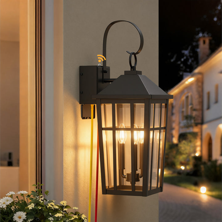 Solstice 12.6''H Black Iron Clear Tempered Glass Outdoor Wall Light with Dusk to Dawn and Built-In GFCI Outlet (Set of 2) #OW7118