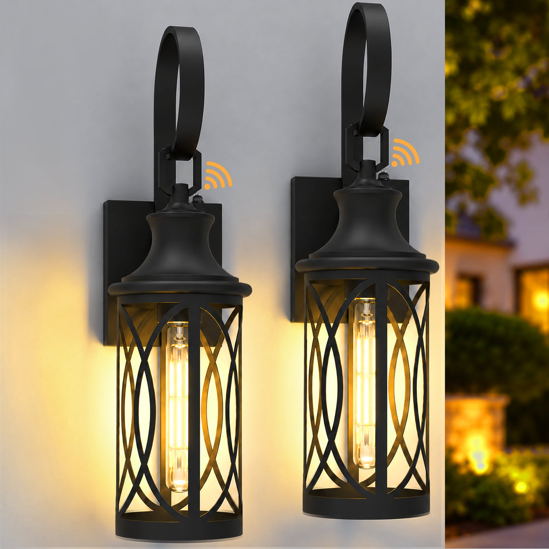 20" Farmhouse Outdoor Wall Sconces with Dusk-to-Dawn Sensor, Waterproof Matte Black Lanterns with Clear Glass, Set of 2 