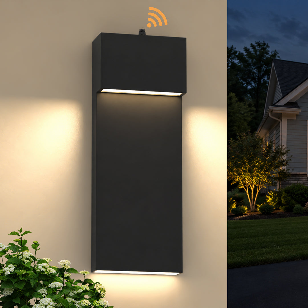 15.1" Modern LED Outdoor Wall Sconce, Dimmable 3000K, Dusk-to-Dawn Sensor, Travertine Stone &amp; Frosted Glass 