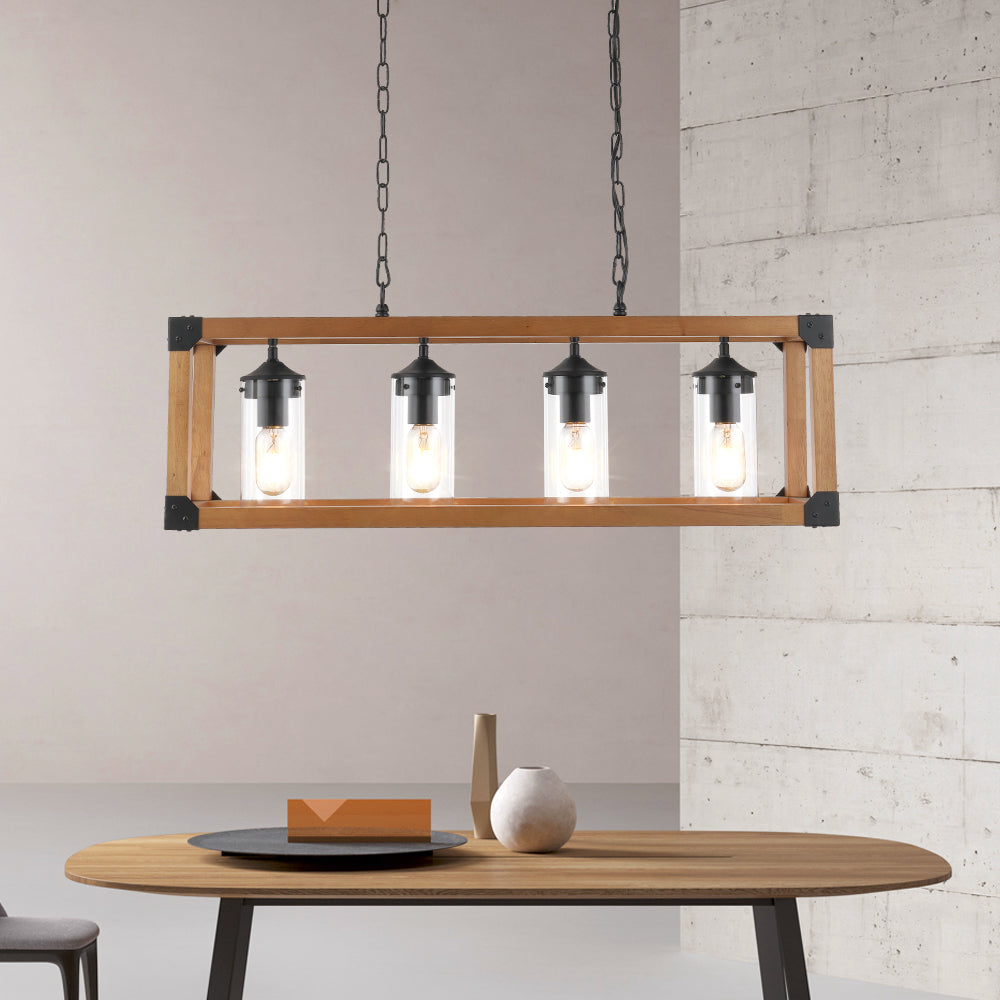 Maxax 4-light Wood Pendant Kitchen Island Rectangle Chandelier #MX19045