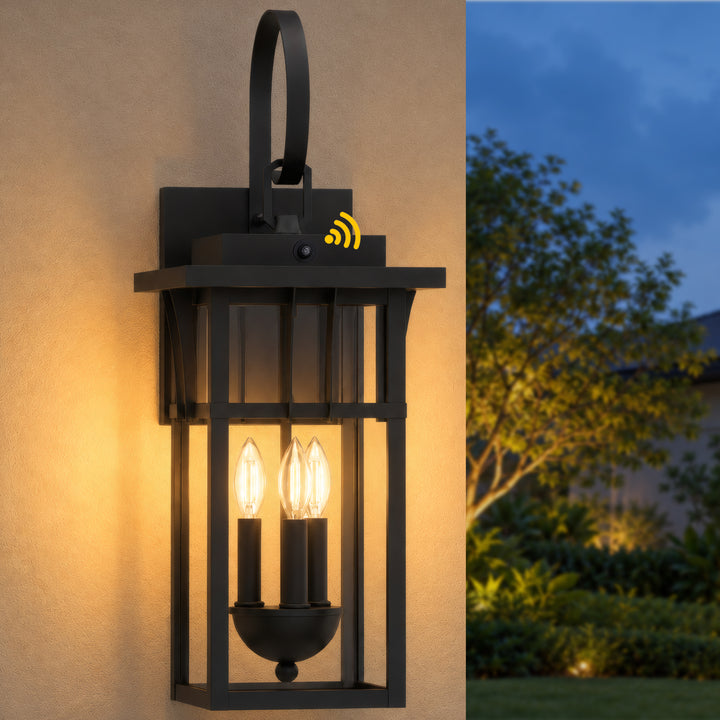 19.7" 2-Light Farmhouse Outdoor Wall Sconce with Dusk to Dawn Photocell, Weatherproof Matte Black Frame &amp; Clear Tempered Glass 