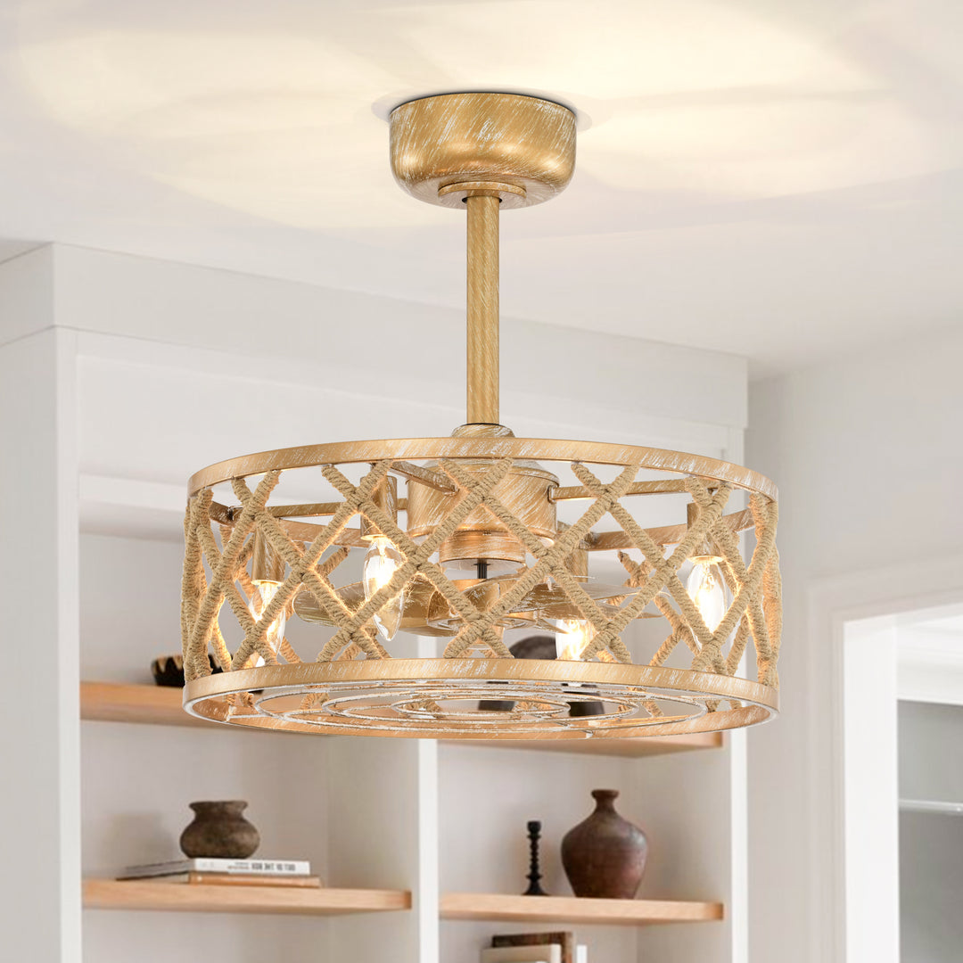 Maxax 19" Boho Caged Low Profile Ceiling Fan with Light and Remote, Stepless Color Temperature & 6 Speeds, Farmhouse Flush Mount Fan for Bedroom, Kitchen, Living Room, Kids Room #26001