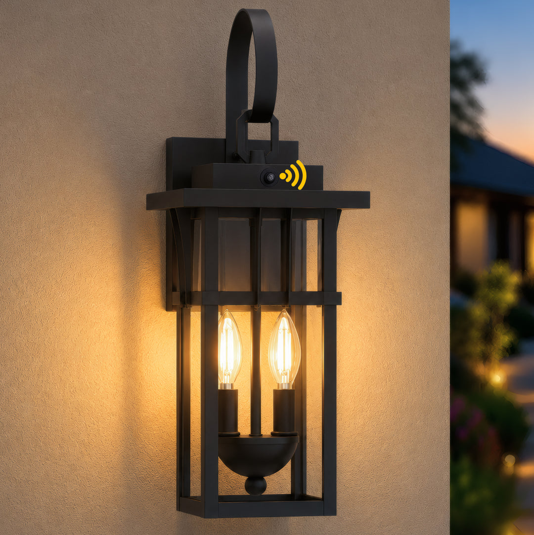 19.7" 2-Light Farmhouse Outdoor Wall Sconce with Dusk to Dawn Photocell, Weatherproof Matte Black Frame &amp; Clear Tempered Glass 