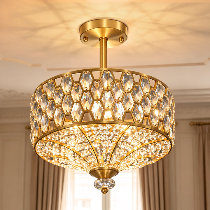 14" 3-Light Polished Brass Drum Semi-Flush Mount Ceiling Light with Crystal Accents for Living Room & Bedroom #19241