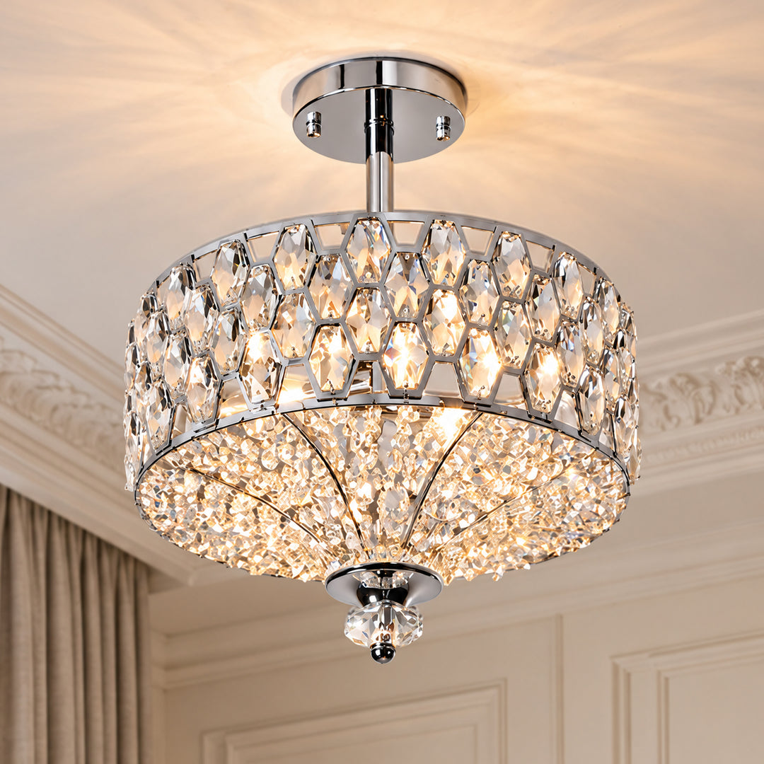 14" 3-Light Polished Brass Drum Semi-Flush Mount Ceiling Light with Crystal Accents for Living Room & Bedroom #19241