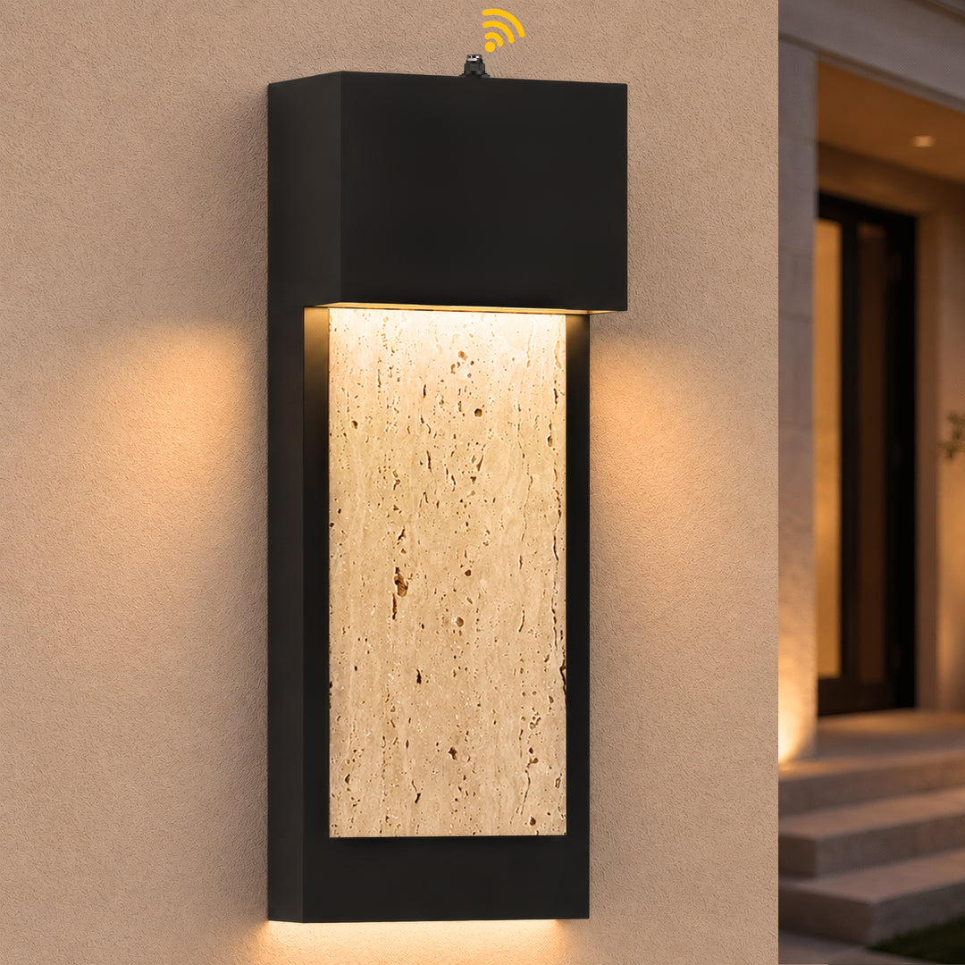 15.1" Modern LED Outdoor Wall Sconce, Dusk-to-Dawn Sensor, Dimmable 3000K, Travertine Stone &amp; Frosted Glass 