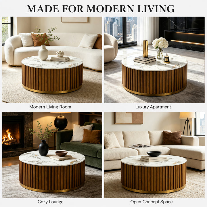 36" Solid Wood Round Drum Coffee Table with Sintered Stone Top #25049