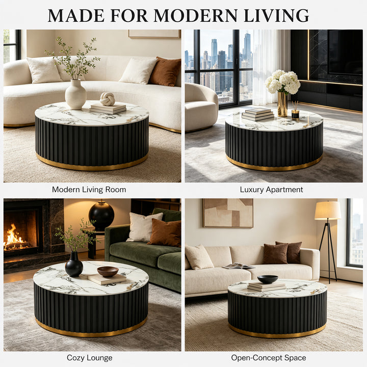 36" Solid Wood Round Drum Coffee Table with Sintered Stone Top #25049