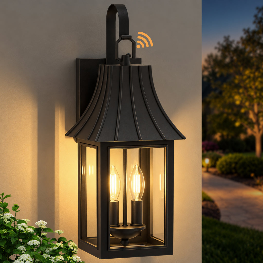 16" 1-Light Farmhouse Outdoor Wall Sconces with Dusk to Dawn Photocell, Weatherproof Matte Black Lanterns with Clear Glass, Set of 2 