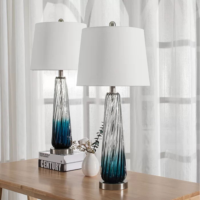 Maxax 28.75 Gradient Blue Glass Bedside Table Lamps with White Fabric Shade Set of 2 #T18