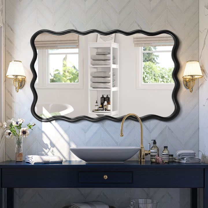 Modern Solid Wood Wavy Rectangle Wall Mirror