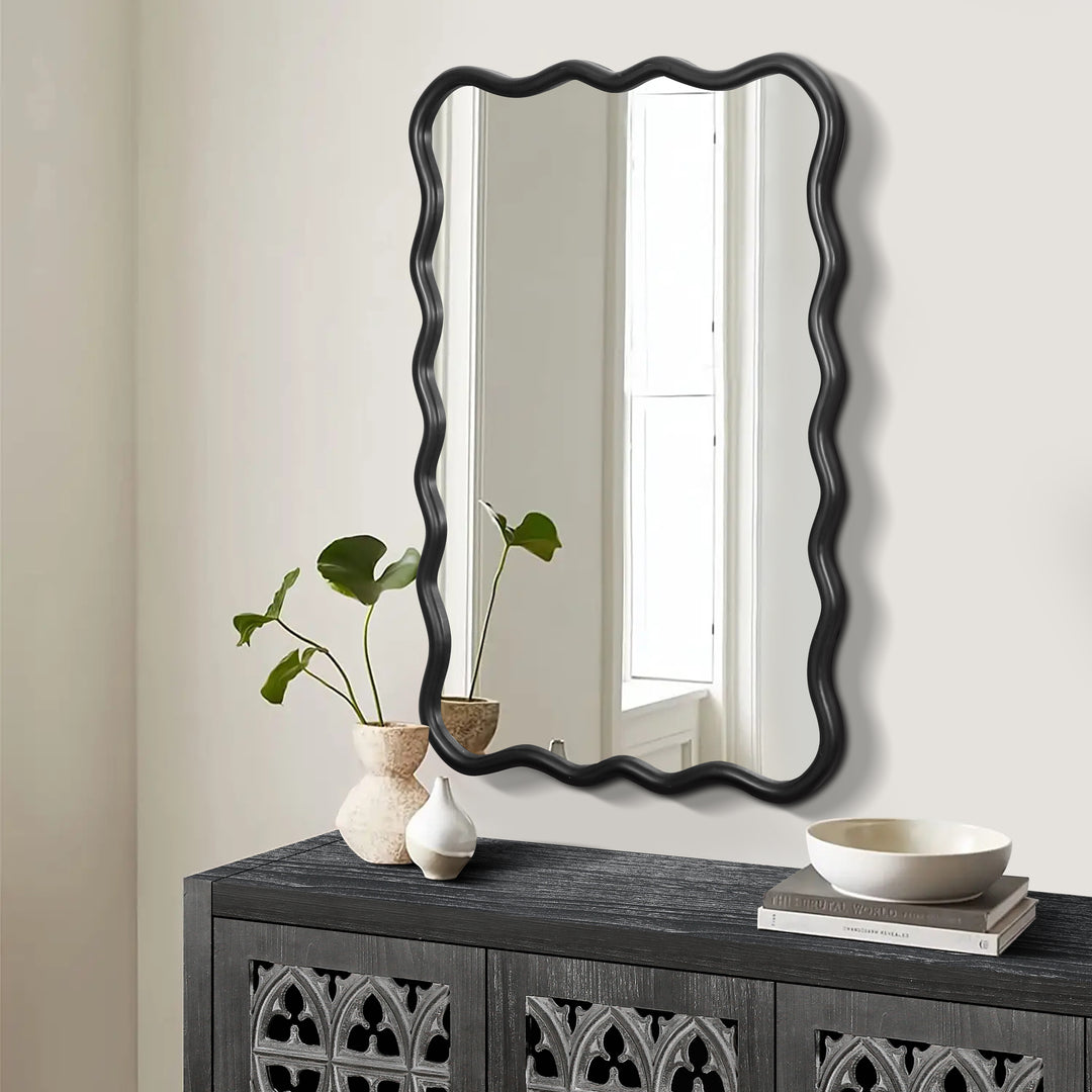 Modern Solid Wood Wavy Rectangle Wall Mirror