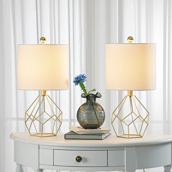 Yullili 19'' Elegant Gold Geometric Table Lamps (Pair) with White Shades #T73