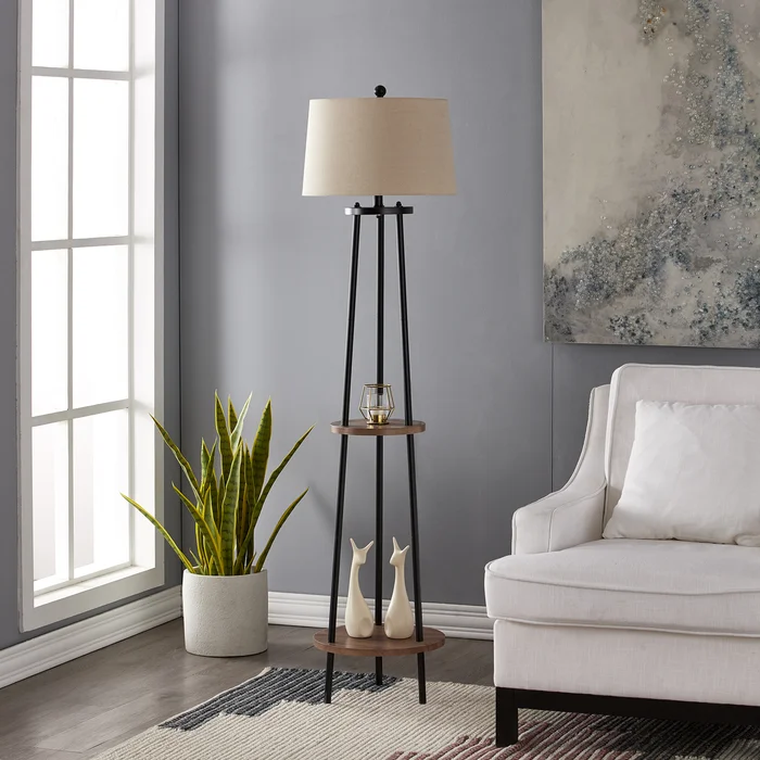 Modern Tripod Floor Lamp with Shelf and Oatmeal Shade #F66