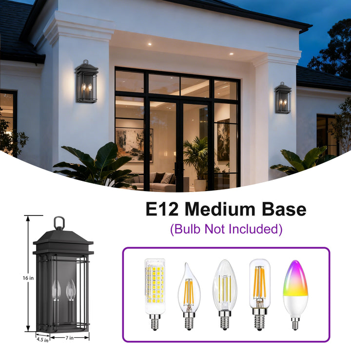 Solstice 2 - Light 16''H Black Iron Tempered Glass Outdoor Wall Light With Dusk To Dawn #7083