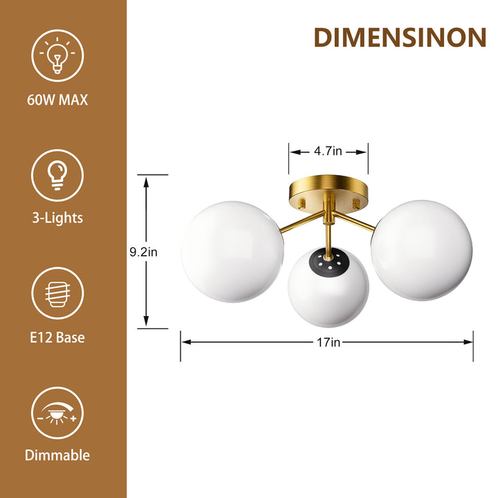 Maxax 3 Globe Ceiling Light 17 Inch Mid Century Modern Semi Flush Mount Ceiling Light Fixture for Bedroom,Living Room,Dinning Room, Foyer, Hallway #19228