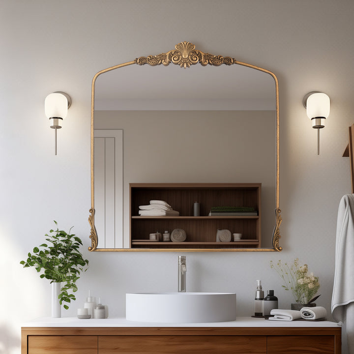 Opulence 37 in. W x 40 in. H Baroque Carved Vintage Gold Arched Framed Wall Bathroom Vanity Mirror #30002
