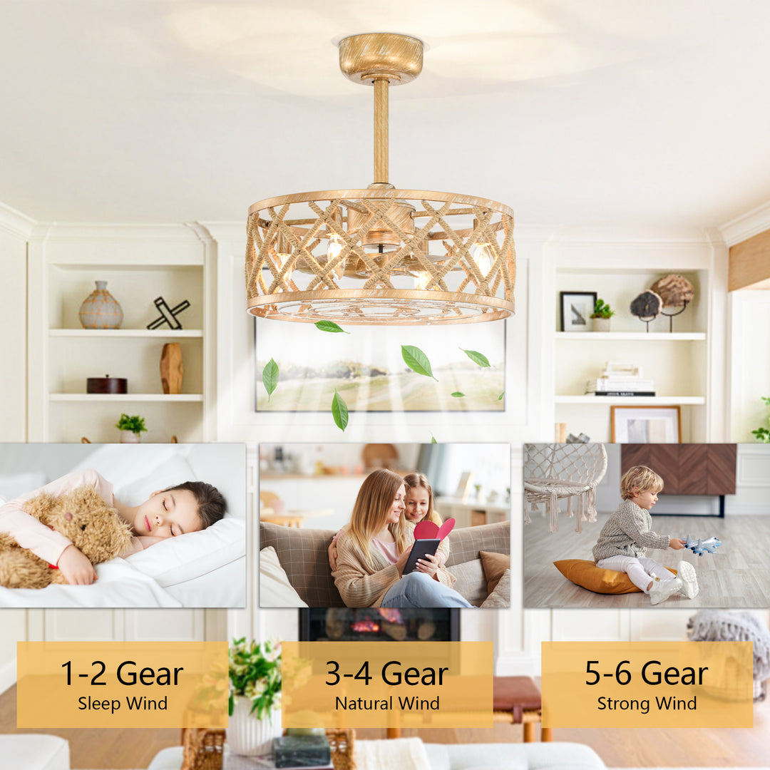 Maxax 19" Boho Caged Low Profile Ceiling Fan with Light and Remote, Stepless Color Temperature & 6 Speeds, Farmhouse Flush Mount Fan for Bedroom, Kitchen, Living Room, Kids Room #26001