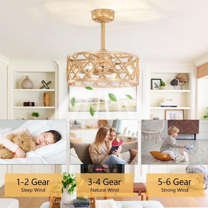 Maxax 19" Boho Caged Low Profile Ceiling Fan with Light and Remote, Stepless Color Temperature & 6 Speeds, Farmhouse Flush Mount Fan for Bedroom, Kitchen, Living Room, Kids Room #26001