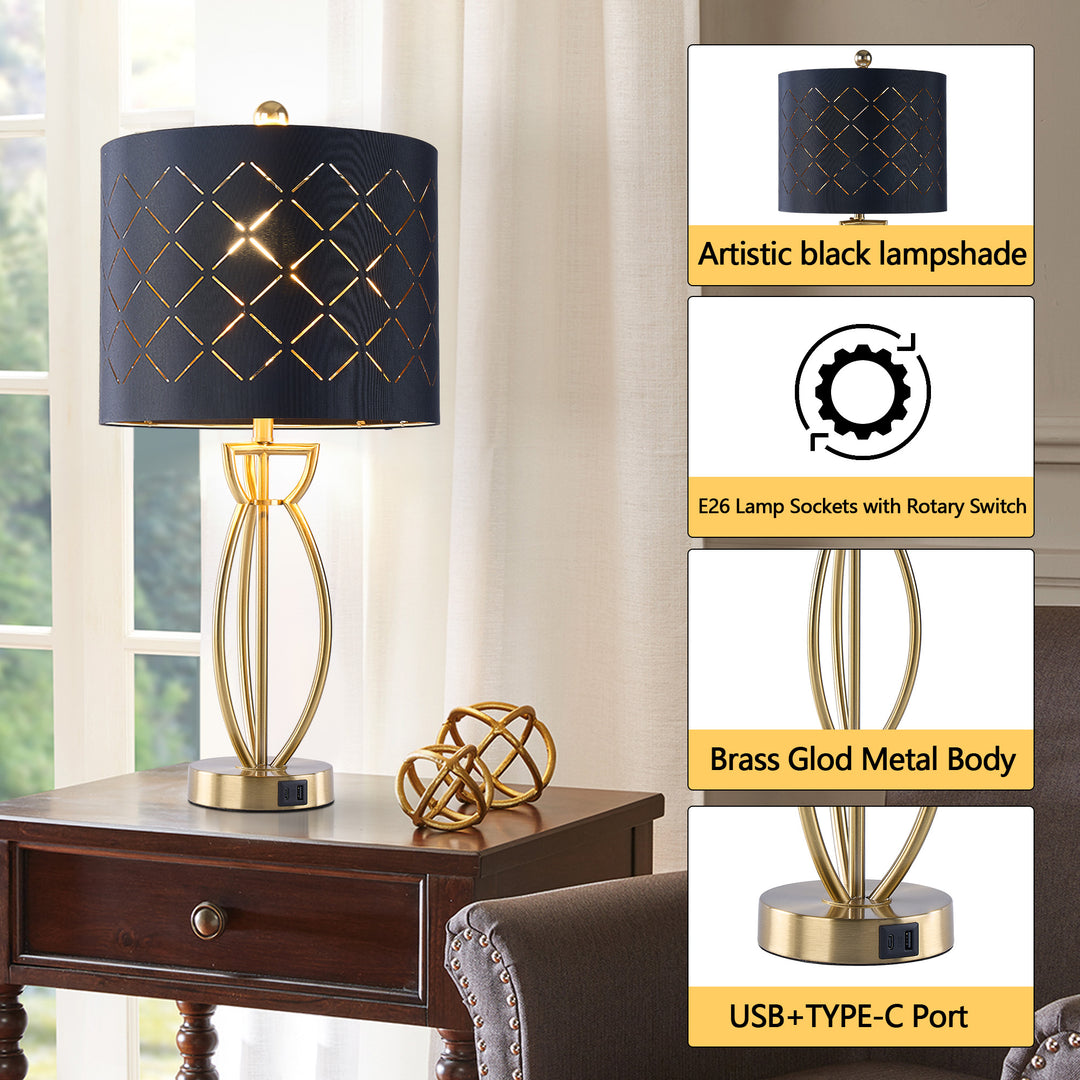 Lustre 24.6'' Traditional Gold Metal Table Lamp With Usb For Living Room/Bedroom #T274