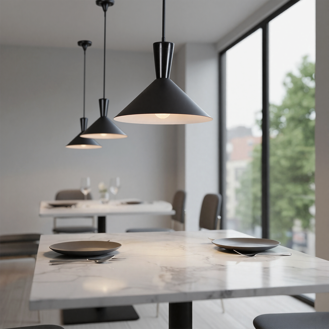 1-Light 13.8"W Black Metal Modern Cone Pendant With Marble Decoration For Kitchen Island Or Dining Room #19236