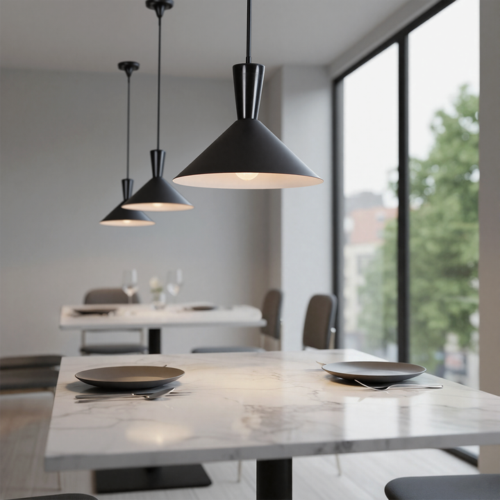 1-Light 13.8"W Black Metal Modern Cone Pendant With Marble Decoration For Kitchen Island Or Dining Room #19236