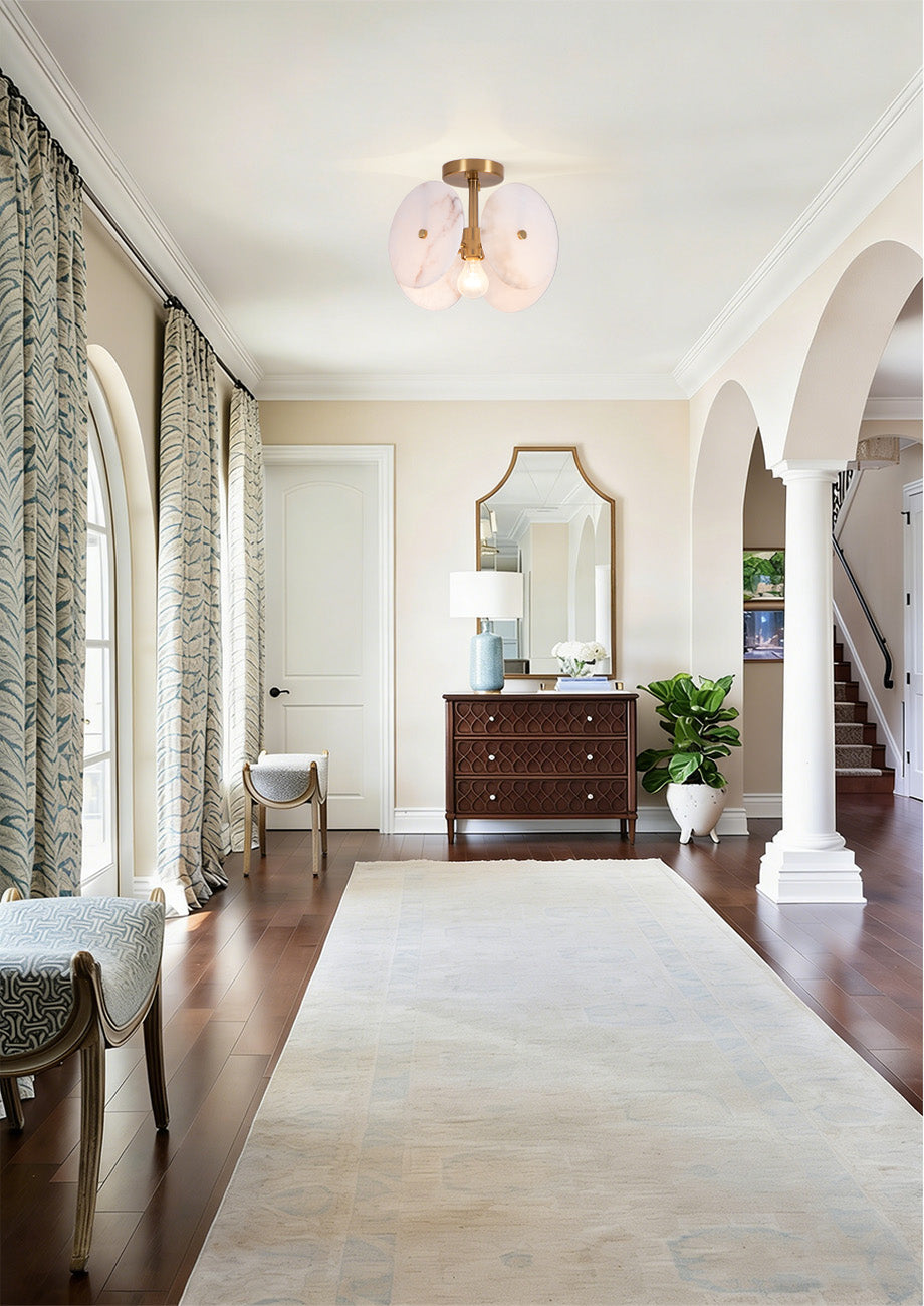 Nest 9.8" 1-Light Modern Brushed Brass Unique/Statement Semi-Flush Mount With White Jade Marble Shade For Hallways, Stairwells & Dining Rooms #19237