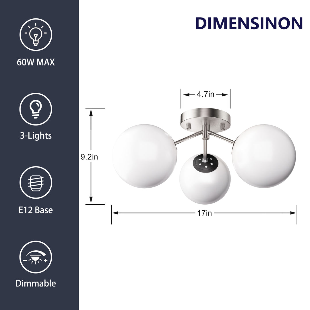 Maxax 3 Globe Ceiling Light 17 Inch Mid Century Modern Semi Flush Mount Ceiling Light Fixture for Bedroom,Living Room,Dinning Room, Foyer, Hallway #19228