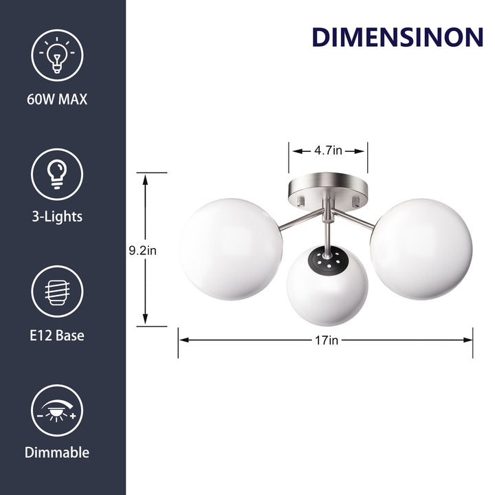 Maxax 3 Globe Ceiling Light 17 Inch Mid Century Modern Semi Flush Mount Ceiling Light Fixture for Bedroom,Living Room,Dinning Room, Foyer, Hallway #19228