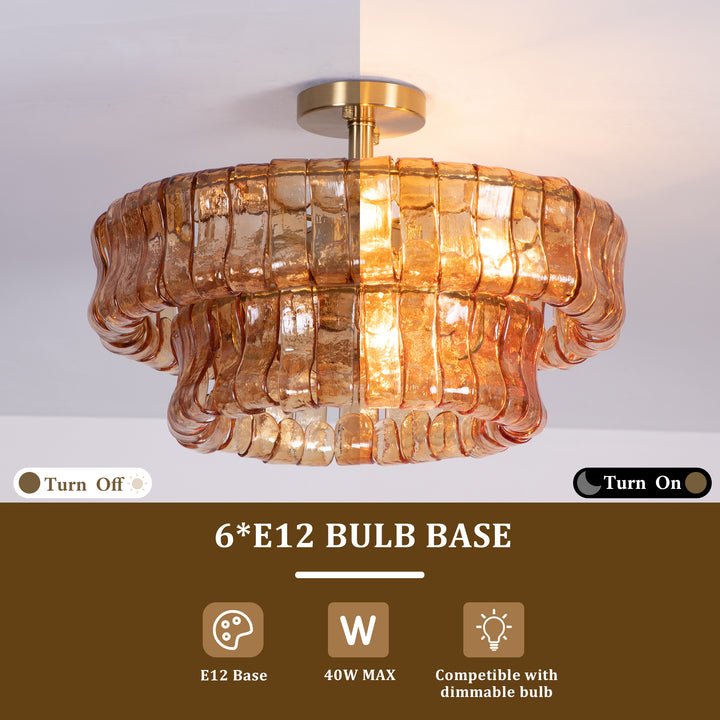 Lumen 20" 6-Light Brushed Brass Double-Layer Clear Artistic Glass Unique / Statement Semi-Flush Mount For Living Room/Bedroom #19235